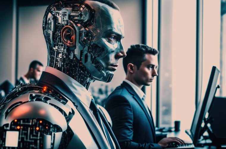 A business man working alongside an artificial intelligence cyborg in an office setting, depicting the future of work and the integration of AI in the workforce, generative ai